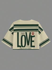 Slaydiva 2025 Summer New Arrival/Streetwear/Back To School/Cropped Top/Mesh Top/Y2K/Love Letter Print Short Sleeve T-Shirt, Suitable For Sports, Suitable For Summer Chic