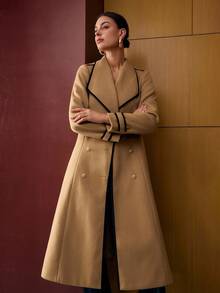 MOTF PREMIUM 瀑布领撞色包边大衣，简约优雅 - 卡其色 - 查看 8