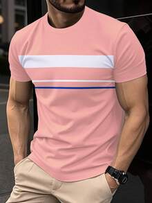 Manfinity Homme Men's Casual Colorblock Striped Short Sleeve T-Shirt, Summer - Baby Pink - View 1