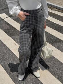 青少年女孩休闲通勤格子直筒裤 - 灰色 - 查看 6