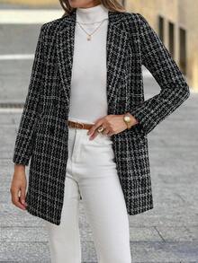 SHEIN Clasi 女士格子翻领长袖口袋休闲外套，女士冬季外套，冬季服装 - 黑色 - 查看 7