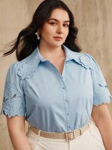 Anewsta Áo kiểu nữ tay ngắn thêu hoa cổ bẻ thời trang thanh lịch mùa hè đa năng đi làm - Màu xanh lam - Xem 5