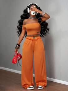 Slaydiva 2025新款夏季音乐节生日派对毕业休闲基础套装露肩短袖短款上衣&条纹宽松直筒裤橙色两件套橙色两件套阔腿裤套装裤子两件套夏季裤子套装 - 橘色 - 查看 1