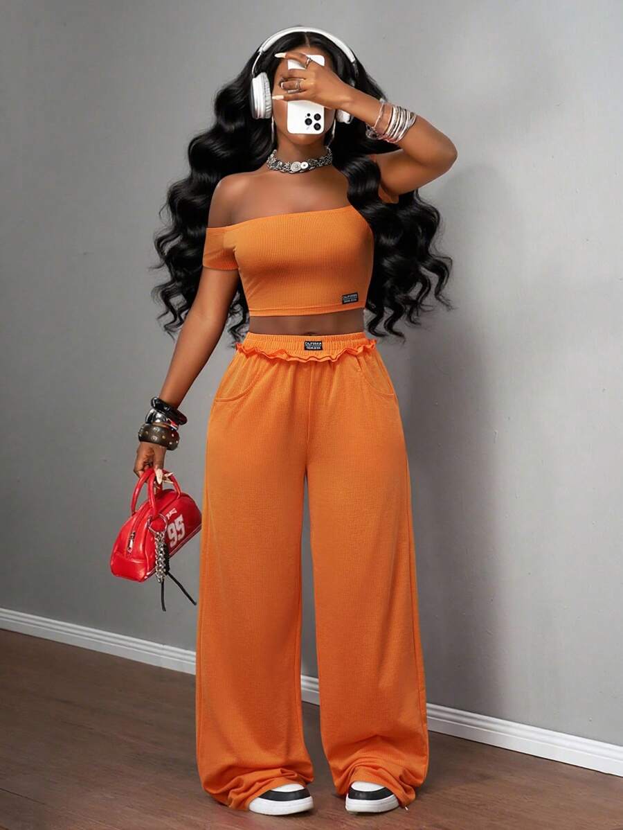 Slaydiva 2025新款夏季音乐节生日派对毕业休闲基础套装露肩短袖短款上衣&条纹宽松直筒裤橙色两件套橙色两件套阔腿裤套装裤子两件套夏季裤子套装 - 橘色 - 查看 1