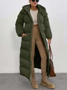EURMUSE Keep Warm Feature, Maxi Lenght, Side Popper Detailed Puffer Winter Coat - Army Green - View 1