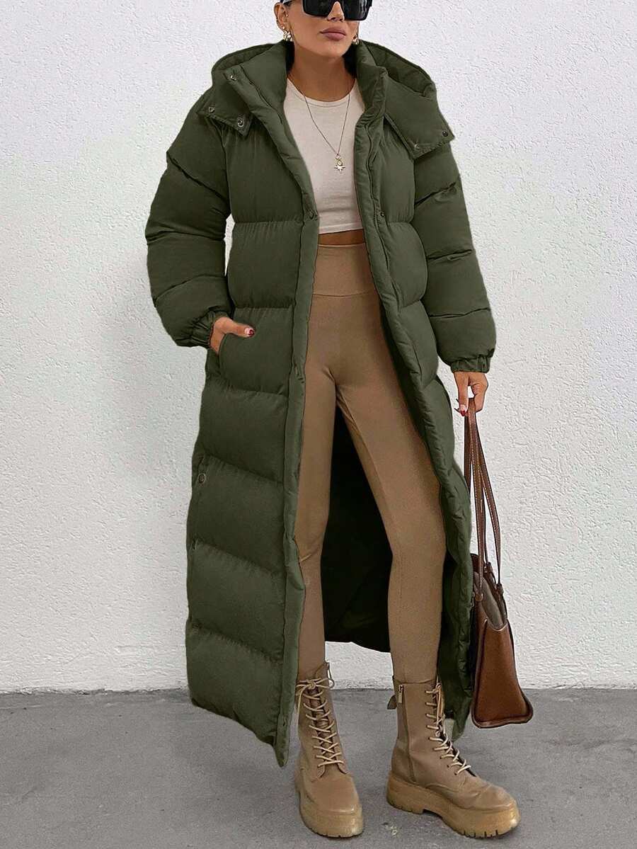 EURMUSE Keep Warm Feature, Maxi Lenght, Side Popper Detailed Puffer Winter Coat - Army Green - View 1