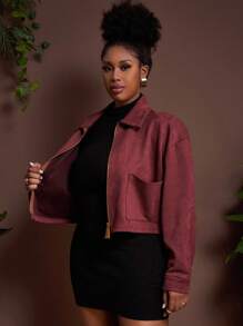 Veslaya Hàng mới về đầu thu, thanh lịch và thoải mái cho trang phục hàng ngày, áo khoác ngắn cổ sơ mi màu đỏ gỉ sét dáng rộng có khóa kéo, cỡ lớn dành cho nữ - Thu Đông - Rỉ Nâu - Xem 8