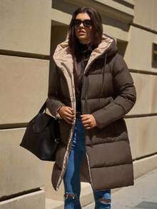 EURMUSE Women's Two-Tone Hooded Pocket Zip-Up Mid-Length Winter Jacket - Mocha Brown - View 1