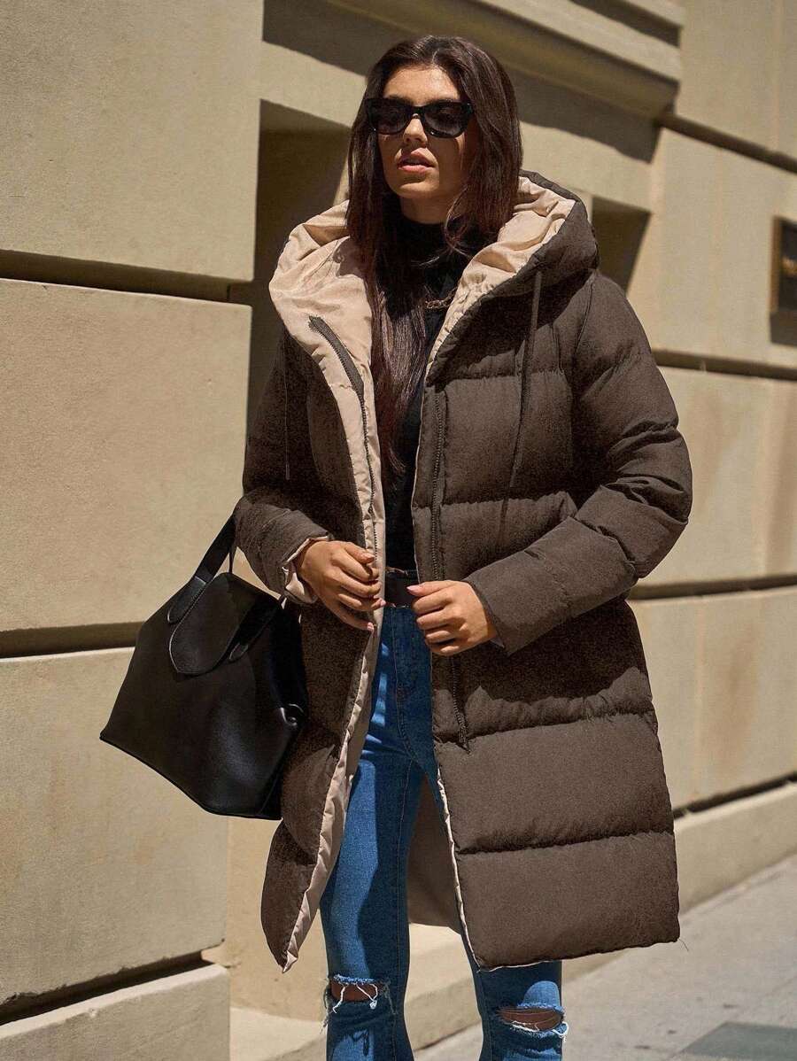 EURMUSE Women's Two-Tone Hooded Pocket Zip-Up Mid-Length Winter Jacket - Mocha Brown - View 1