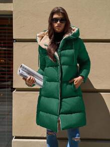 EURMUSE Women's Two-Tone Hooded Pocket Zip-Up Mid-Length Winter Jacket - Green - View 7