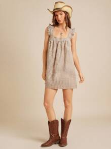 WESTFADE Cotton Blend Gingham Square Neck Ruffle Flutter Sleeve Mini Babydoll Dress Back To School Cute Fall Summer Western Country Concert Outfit - Khaki - View 1