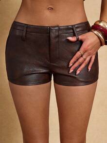 SHEIN BAE 女式复古低腰短裤，夏季 - 咖啡棕 - 查看 3