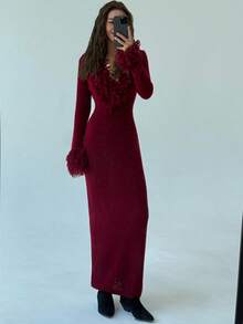 Aloruh Váy len dệt kim dài ôm sát, cổ chữ V tua rua, chắp vá, viền loe, dành cho nữ vào mùa thu/đông - Màu Đỏ Sâu - Xem 5