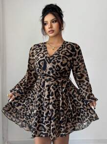 SHEIN Clasi Celure Plus-Size Retro Leopard Print Printed V-Neck Long-Sleeved Casual Mini Dress Suitable For Dates, Commutes And Daily Wear Fall Cloth For Women - Coffee Brown - View 1