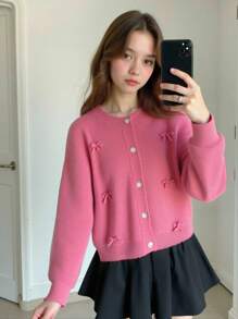 Tween Girls Cardigans Regular Style Girls Bowknot Cardigan, Suitable For Outdoor Wear In Autumn/Winter, Suitable For Home Scenes, Suitable For Children To Play And Wear Back To School, Pink Fall - Hot Pink - View 11