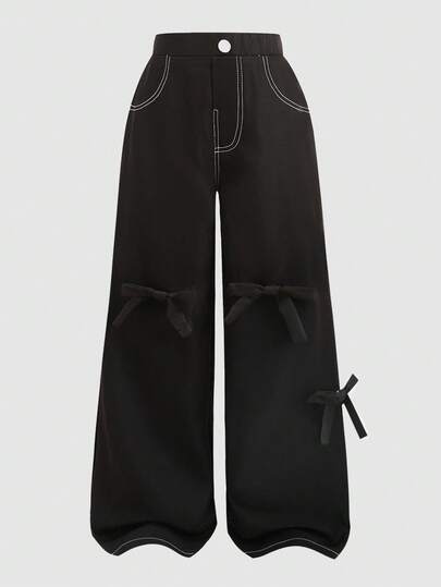 SHEIN Tween Girls' Loose Casual Comfortable Mid-Waist Bow Decor Pants