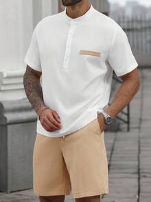 Manfinity Homme Men's Plus Size Summer Solid Color Single Breasted Short Sleeve Shirt And Drawstring Waist Shorts Set Men's Two Pieces Summer Men's Two Pieces Casual Shorts Set Men's Casual Shorts Set Men's Resortwear - Multicolor - View 5