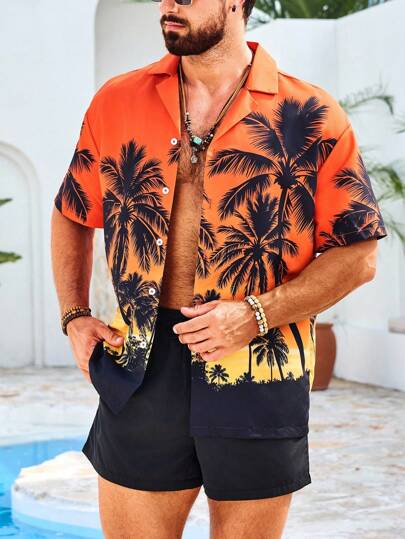 Manfinity Swimmode 男士热带印花衬衫和短裤沙滩装