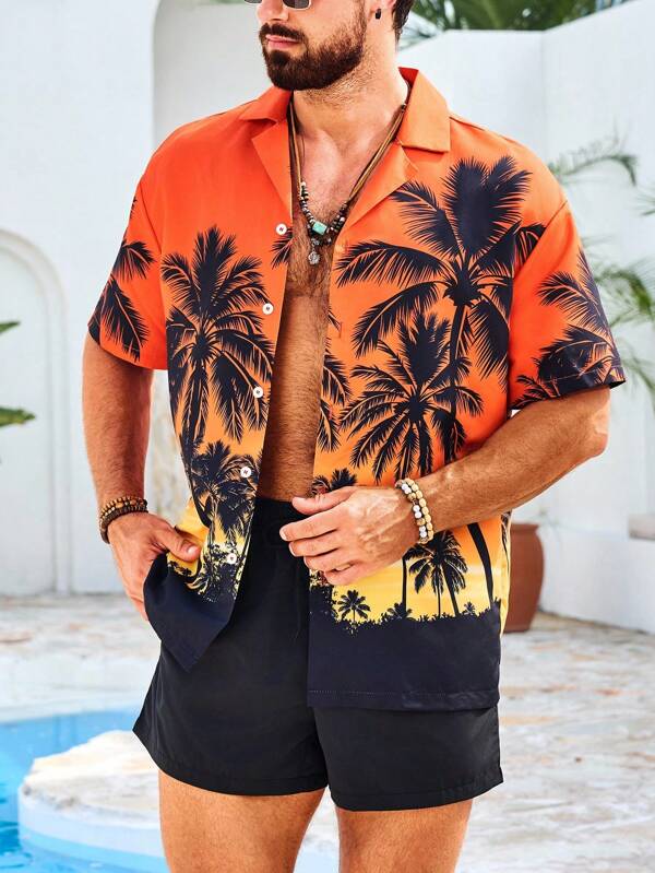 Manfinity Swimmode 男士热带印花衬衫和短裤沙滩装