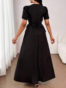 SHEIN Lady 优雅通勤纯色复古腰带夹克和裙子套装金属扣老钱风格女士早午餐装女士优雅装