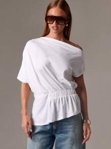 AiiRZ Off Shoulder Draped T-Shirt With Elastic Waist Detail Asymmetric Neckline Casual Summer Loose Fit Minimalist Basic Everyday Fashion Statement Top
