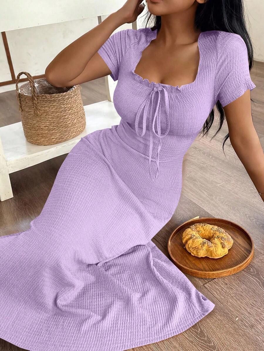 SHEIN 女士休闲纯色提花褶皱荷叶边方领长款连衣裙家居服 - 紫色 - 查看 1