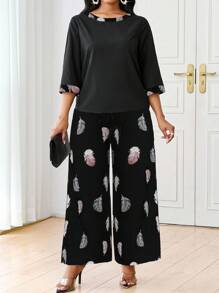 SHEIN Lady 大码优雅办公室装羽毛印花衬衫和裤子两件套秋季女装女士教师服装万圣节服装女士教堂服装女士秋季服装大码 - 黑色 - 查看 4