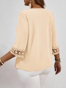 EMERY ROSE Plus Size Women Hollow Sleeve Solid Color Open Front Casual Lightweight Jacket Winter Fall Autumn - Apricot - View 2