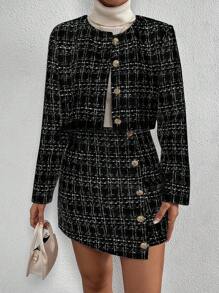 SHEIN Clasi Plaid Button Front Crop Jacket & Skirt Fall Cloth For Women - Black - View 5