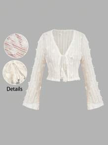 SHEIN MOD Plus Size Women's Solid Color V-Neck Elegant Flare Sleeve Top, White Mesh Top, See Through Top, Lace Blouse,Vacation Outfits Woman,Beach Vacation Wear,Tea Party, Crochet Tops For Women, Lace Tops For Women