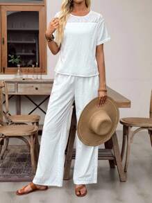 EMERY ROSE 2件套女士纯色镂空刺绣圆领短袖上衣和口袋裤套装