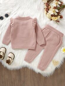 SHEIN 2pcs/Set Toddler Girls' Pink Sweater Set, Bunny Jacquard Knit Top With Flutter Sleeve + Ruffle Hem Pants, Cute Outfit Baby Girl Sweater Sets Toddler Girl Two Pieces Winter Outfits Baby Girl Winter Clothes Baby Girl Knit Set Two Pieces Outfits For Toddler Girl Baby Girls Winter Clothes Baby Girls Fall Clothes Baby Girl Fall Outfits - Pink - View 2