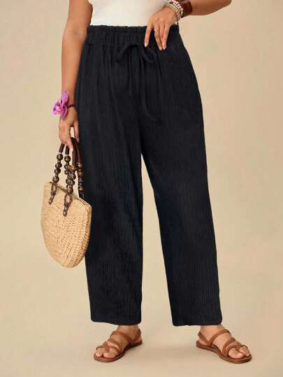 SHEIN VCAY Plus Size Women Casual Textured Vertical Striped Ankle Length Pants With Pockets, Suitable For Vacation And Daily Wear, Autumn Women Summer Pants Wide Leg Summer Pants Women Linen Pants Boho Pants For Women Plus Size Linen Pants