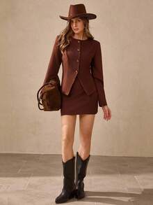 Wildy 女式纯色圆领长袖单排扣夹克和中长裙优雅两件套 - 酒紅色 - 查看 4