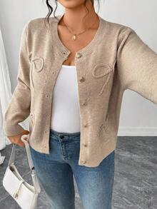 Elenzga Áo len cardigan thanh lịch thường ngày cỡ lớn có nơ cho nữ - Màu Khaki - Xem 8