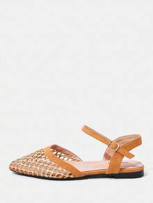 Styleloop 女士编织镂空网眼透气一脚蹬方头舒适优雅平底鞋，度假风格 - 橘色 - 查看 2