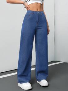 SHEIN Tall CURVE Pantalones vaqueros anchos de pierna ancha de talla grande de color azul oscuro sueltos para mujeres, para el trabajo, el aeropuerto, las vacaciones, el club, de cintura alta, vintage, con control de barriga, de talla grande y de pierna ancha