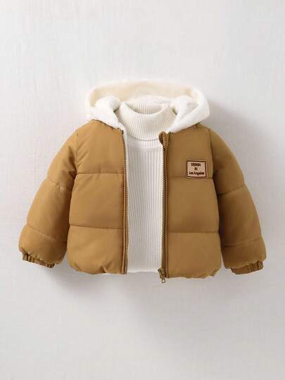 SHEIN Playful Pals 男婴幼儿 0-3 岁休闲日常百搭保暖羊毛连帽厚夹克，秋冬