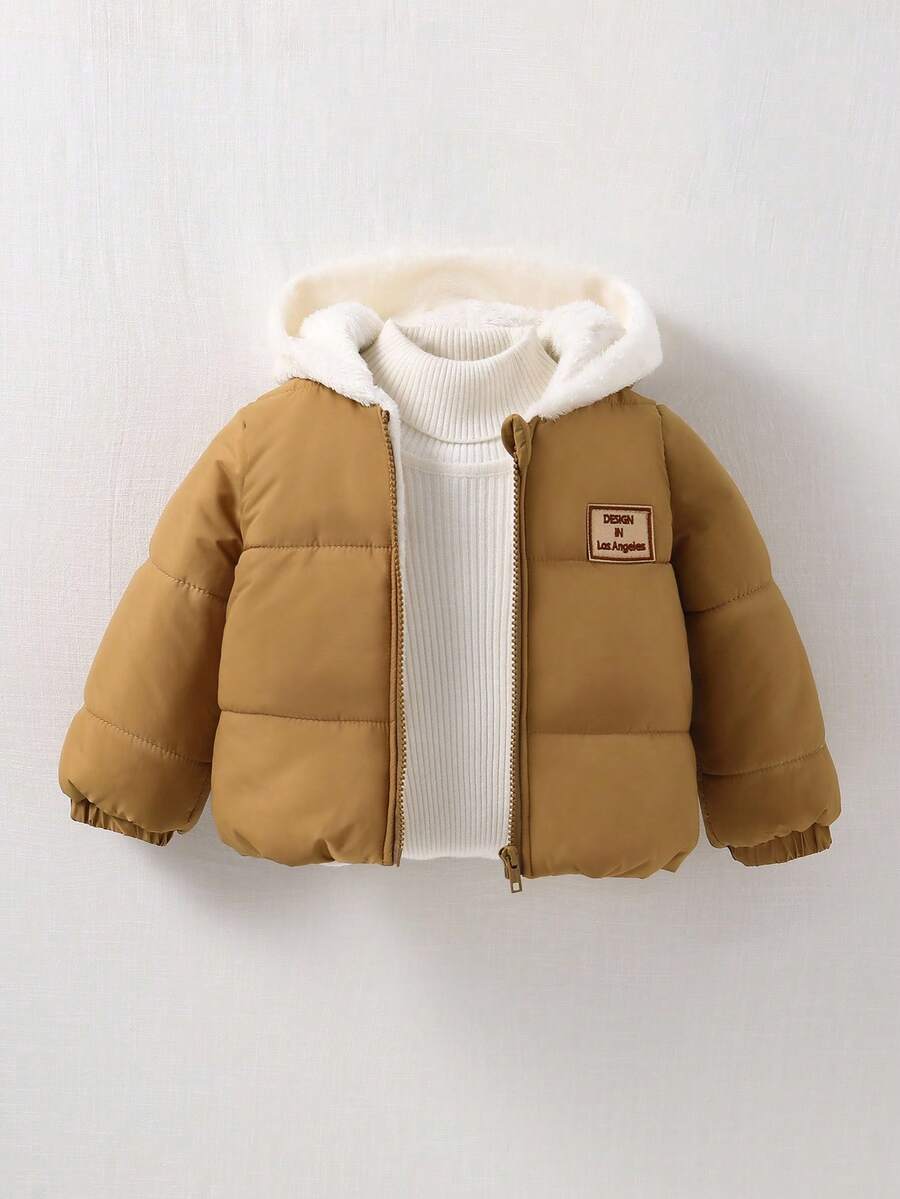 SHEIN Playful Pals 男婴幼儿 0-3 岁休闲日常百搭保暖羊毛连帽厚夹克，秋冬 - 卡其色 - 查看 1