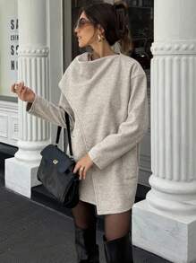 SHEIN LUNE Women's Solid Color Drop Shoulder Long Sleeve Dual Pocket Casual Jacket Fall Winter Cloth For Women - Apricot - View 5