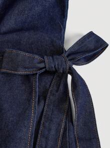 Maija 大码深蓝色牛仔连衣裙无袖收腰蝴蝶结短款连衣裙韩版甜美连衣裙外出上衣女裹身裙 - 深色水洗藍 - 查看 4