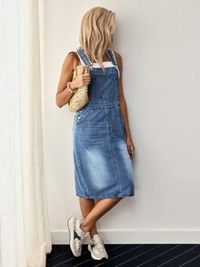 EMERY ROSE Slant Pocket Split Back Denim Overall Dress Without Tee