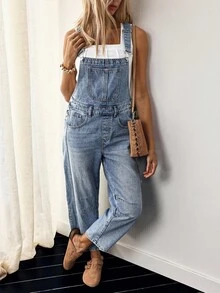 EMERY ROSE Women's Denim Jumpsuit With Bib And Braces, Fashionable Summer Outfit - Blue - View 3