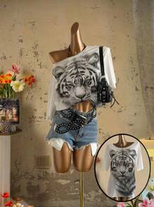 Attitoon 休闲复古街头风格老虎素描肖像图案超大不对称领口短袖T恤女款，适合夏季、音乐节、Y2K