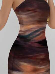 Aloruh 休闲优雅性感抽象图案棕色咖啡性感全印花抹胸紧身休闲夏装，适合夏季、度假、派对 - 彩色 - 查看 5