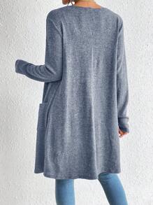 SHEIN Essnce 女式灰蓝色纯色针织开衫，常规长袖，秋冬宽松版型 - 霧霾藍 - 查看 2