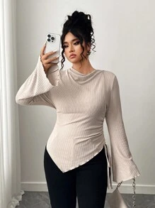 Elenzga Plus Size Women's Soft Brushed Apricot Long Sleeve T-Shirt, Asymmetrical Hem, Suitable For Commuting And Dating, Autumn/Winter Fall Cloth For Women - Apricot - View 1