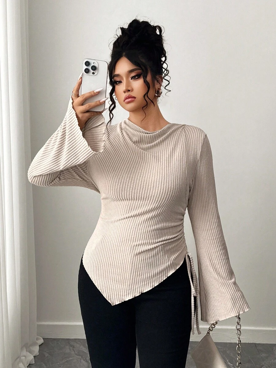 Elenzga Plus Size Women's Soft Brushed Apricot Long Sleeve T-Shirt, Asymmetrical Hem, Suitable For Commuting And Dating, Autumn/Winter Fall Cloth For Women - Apricot - View 1