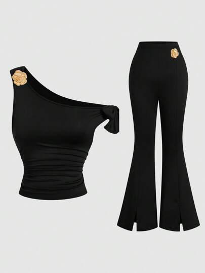 EMERY ROSE Plus Size Women's Elegant Fashion Personalized Asymmetric Collar Decorative Design Invisible Tie Waist Slim Fit Pants With Front Slit, 2 Pieces Set