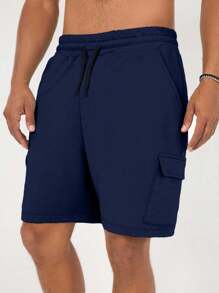 EURMUSE Men Cargo Pocket Drawstring Elastic Waist Regular Short - Navy Blue - View 4